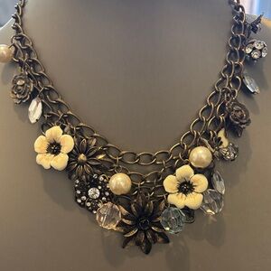 2/$25 Floral Necklace with Ivory Flowers and Antique Brass Chains